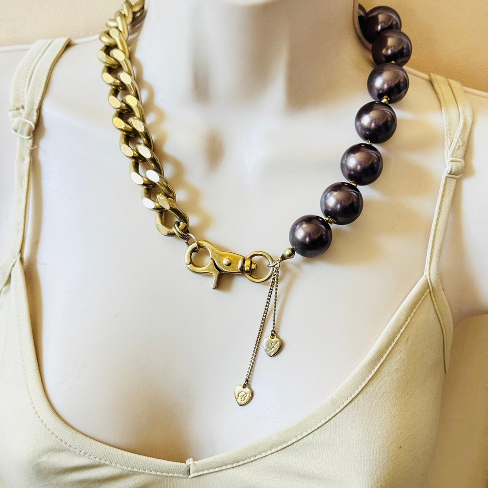 Betsey Johnson BJ Pearl Gold Cuban Chain Necklace Beaded Statement Chunky Y2K